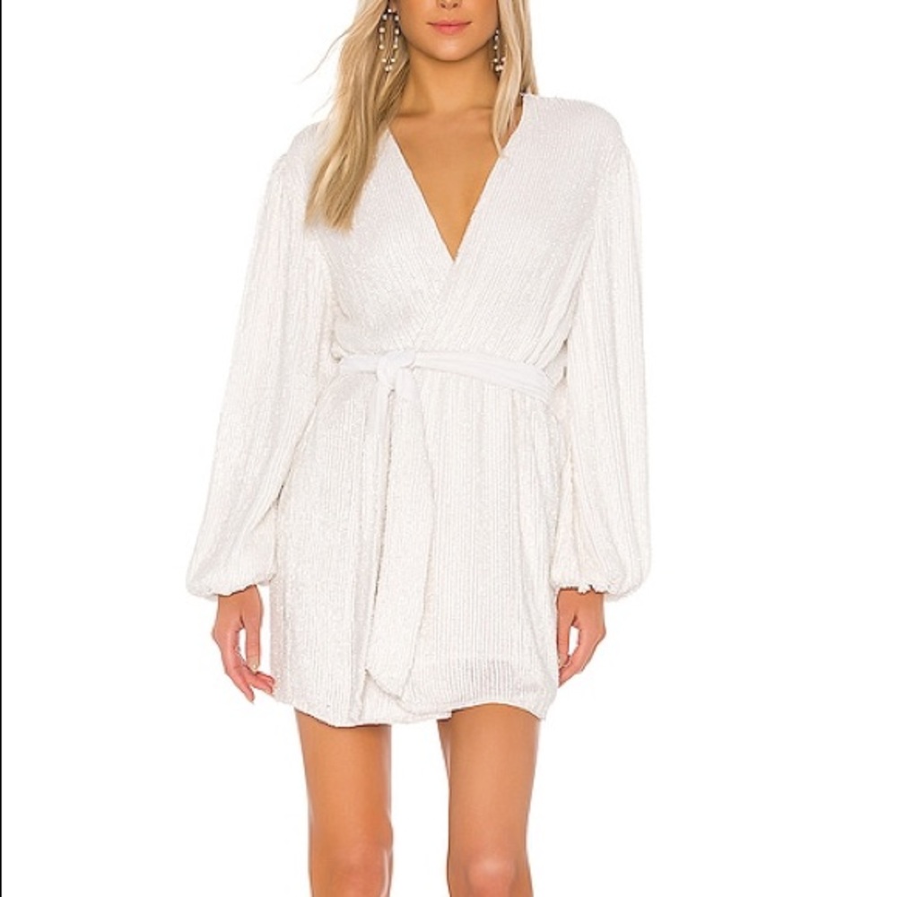 Retrofete White Ruched Mini Dress with Bishop Sleeves